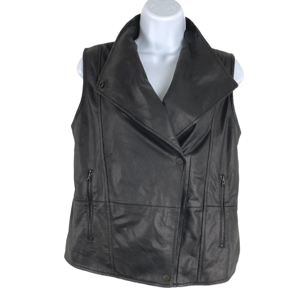 Vince Moto Vest Jacket Leather Black Solid‎ Zip Women's XS Flawed